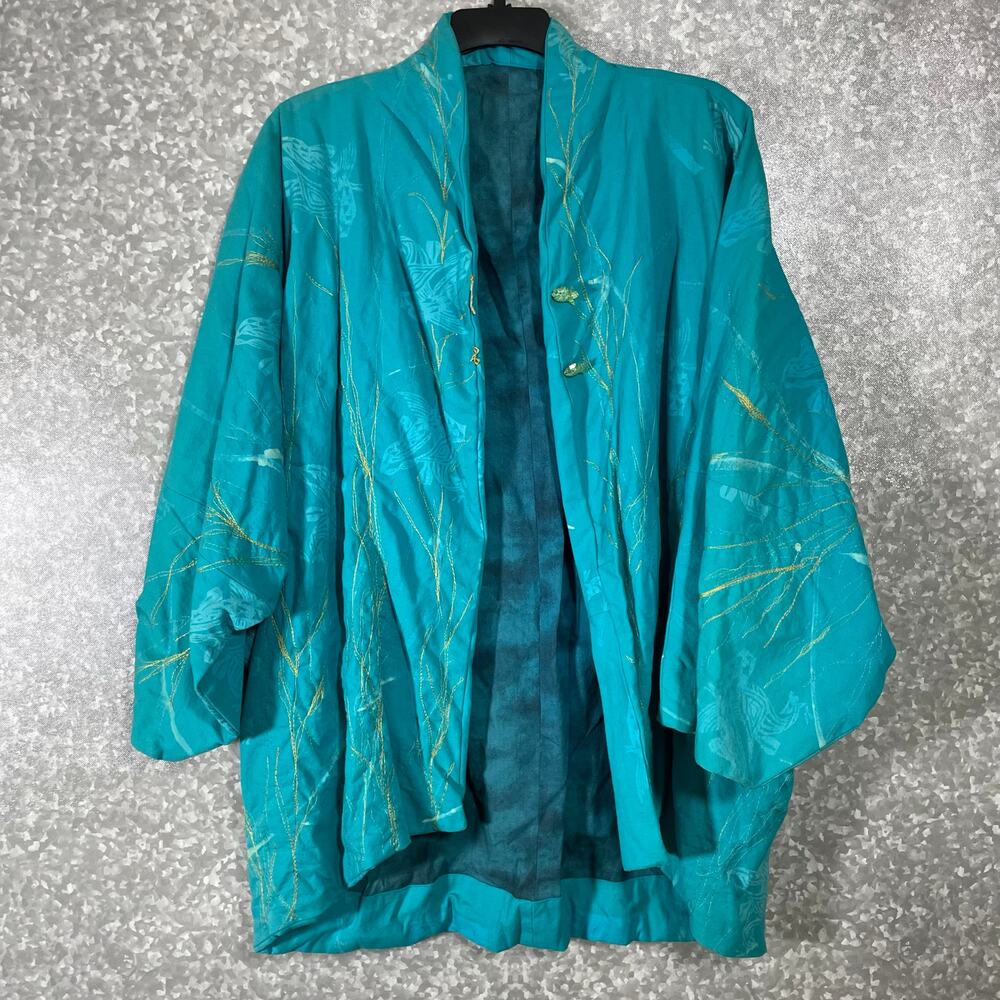 Hand Dyed & Embroidered Women's Teal Draped Artsy Jacket - Size M/L - Oversized